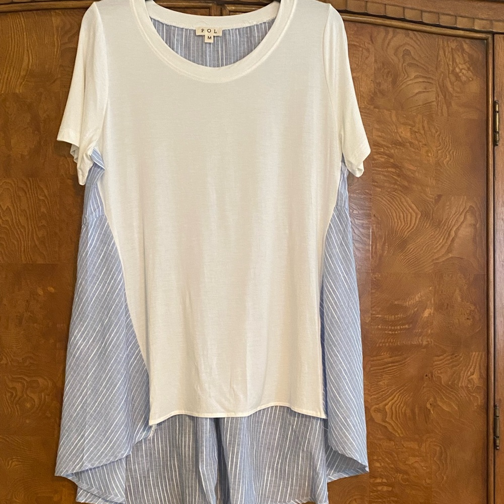 POL White and Blue Striped Tunic Top